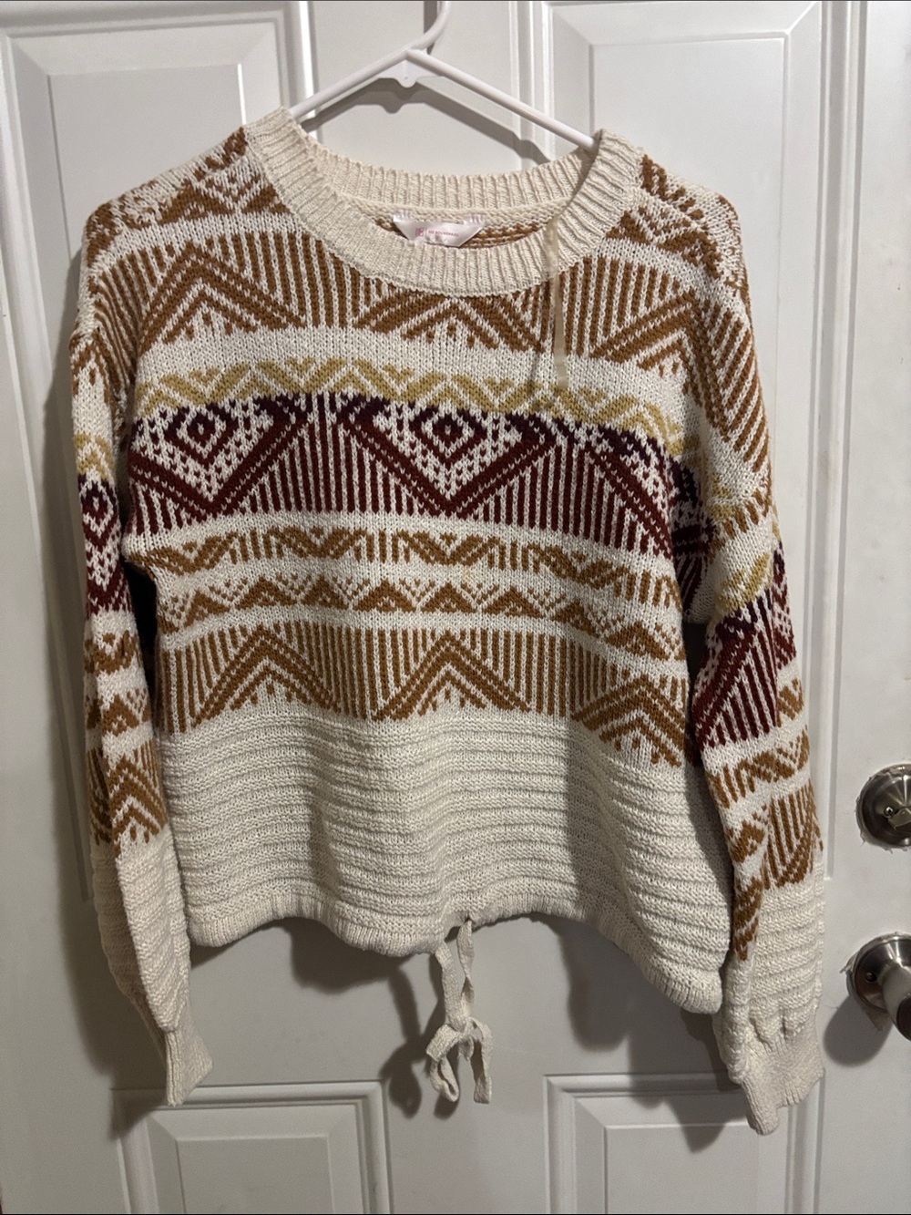 Women's Cream Fair Isle Knit Sweater with Brown & Burgundy Pattern